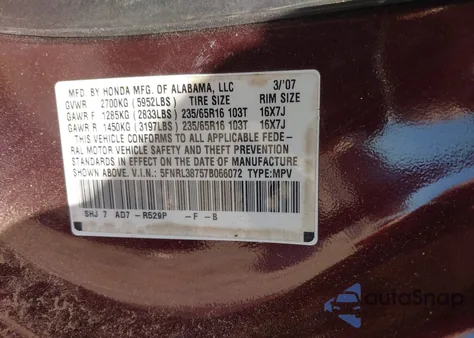 2007 Honda Odyssey Ex-L z USA, uszkodzony, nr VIN 5FNRL38757B066072